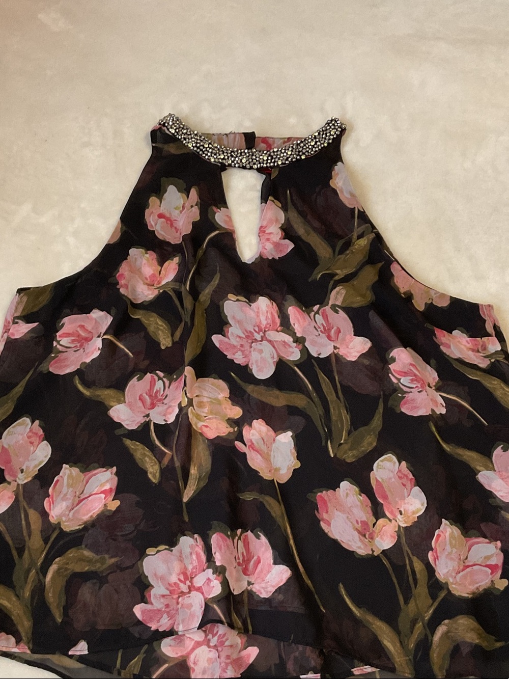 Jennifer Lopez Black Sleeveless Floral Halter Top with Beaded Neckline